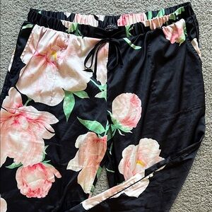 Soma Black and Pink Satin Floral Pajama Pants with Pockets